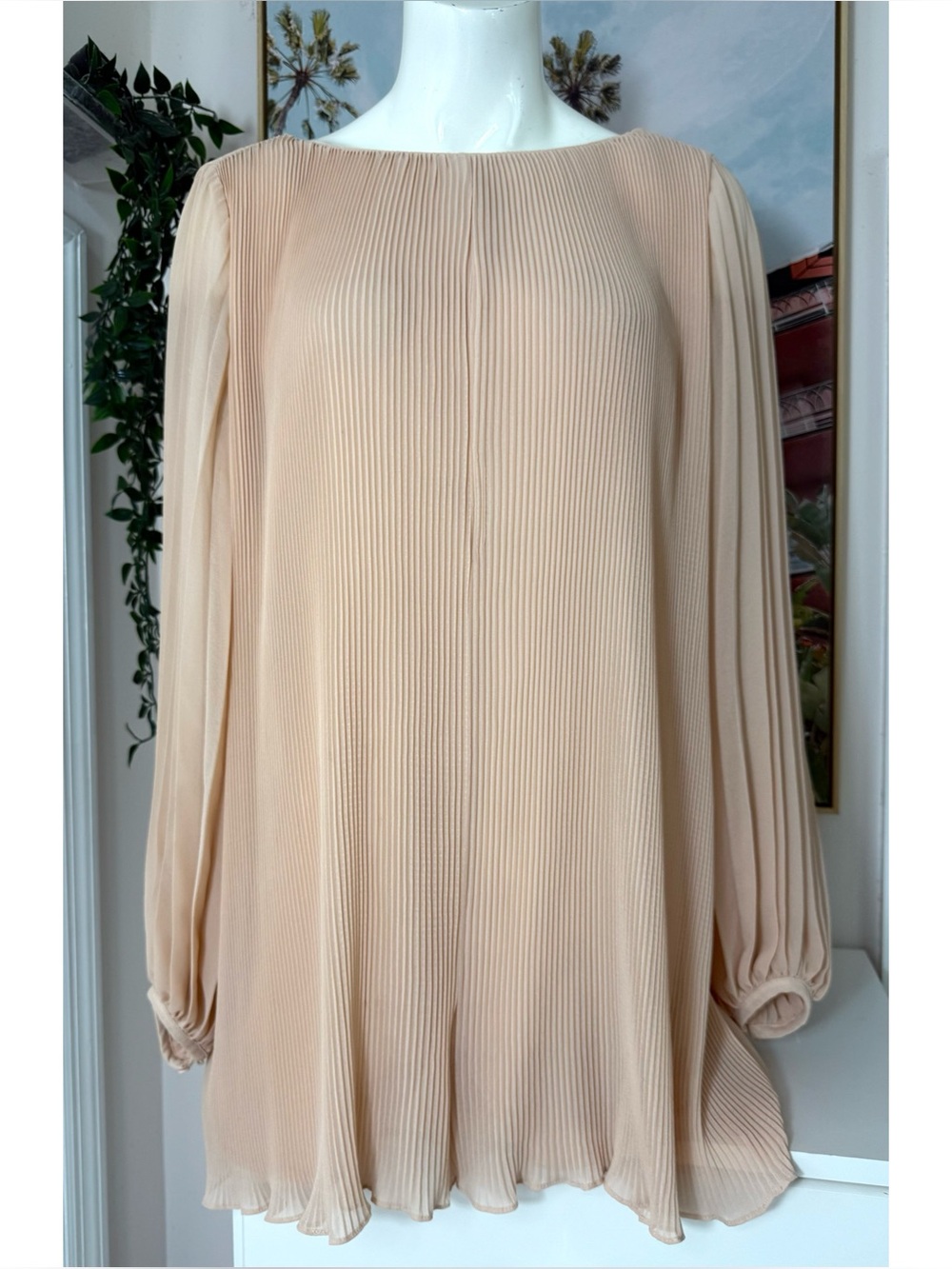 Zara Peach Beige Pleated Romper Lettuce Hem Long Sleeve Lined Size Medium